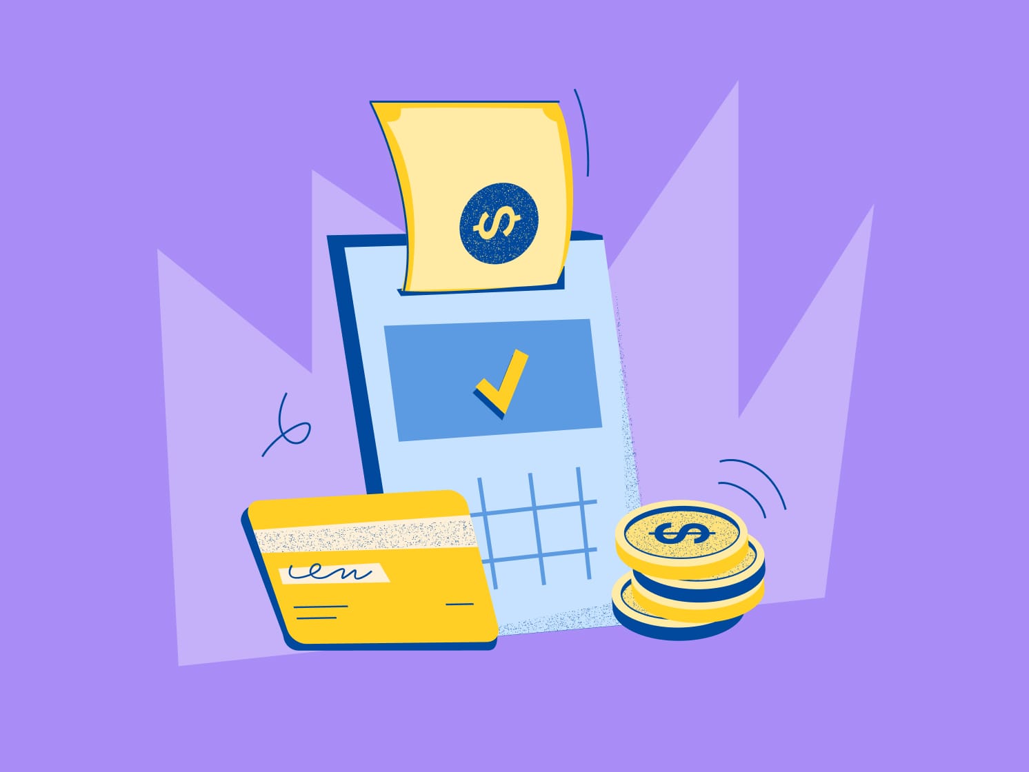 illustration of a calculator, credit card, and coins