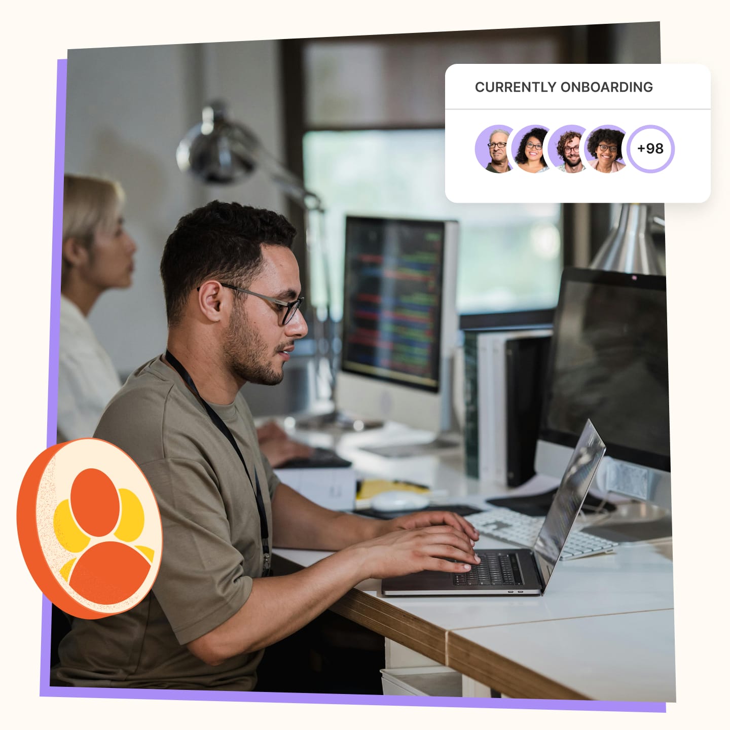 Person working on a laptop in a modern office, with an HR onboarding interface overlay showing new employees being onboarded.