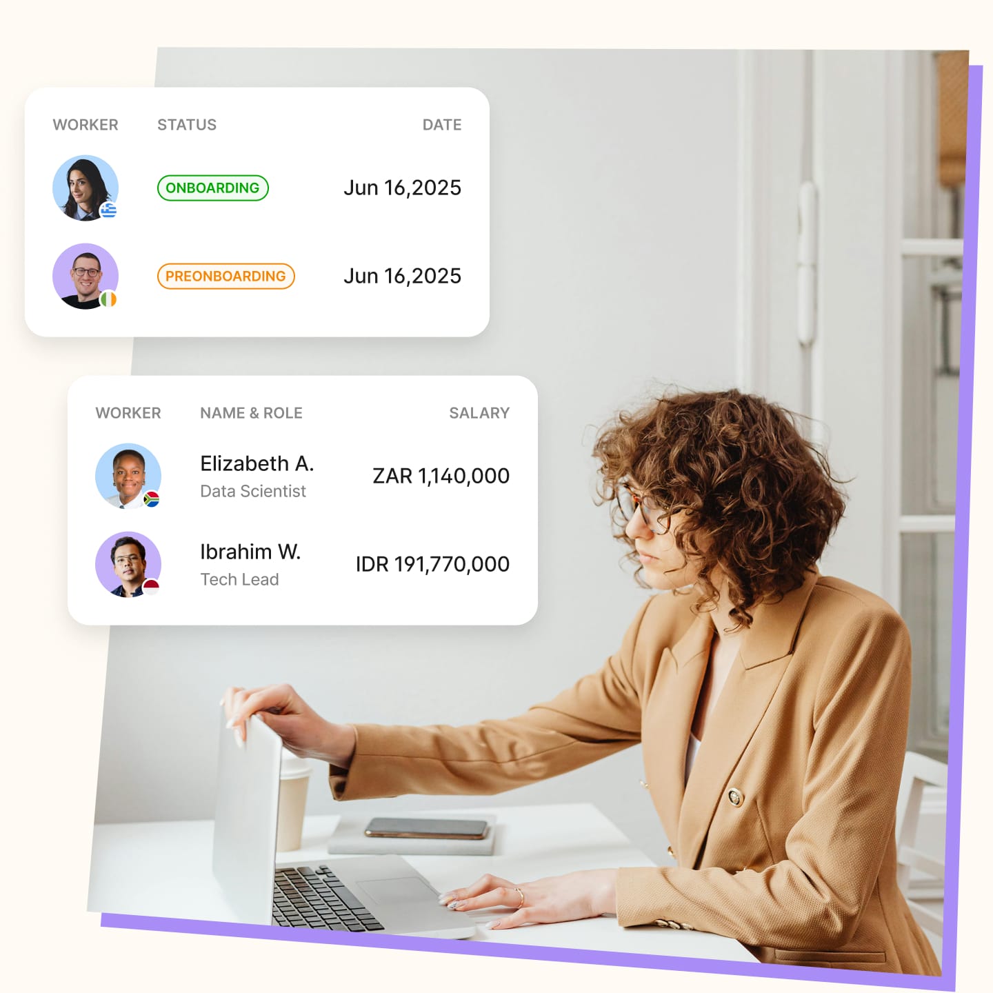 HR professional reviewing an onboarding dashboard displaying employee salaries, job roles, and hiring status updates across multiple countries.