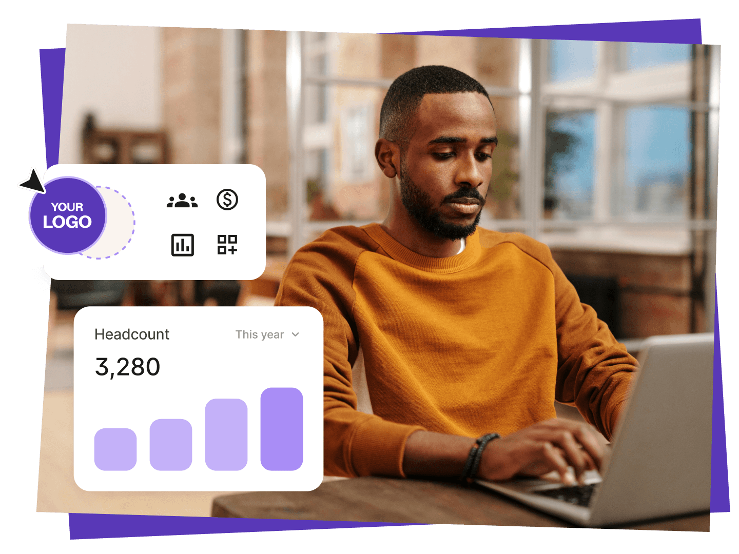 Man working on a laptop with analytics dashboard displaying headcount data. White label payroll and HR icons overlay the image, highlighting branded global payroll solutions